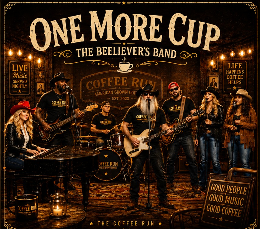 One More Cup artwork with The Beelievers Band performing in a coffeehouse setting